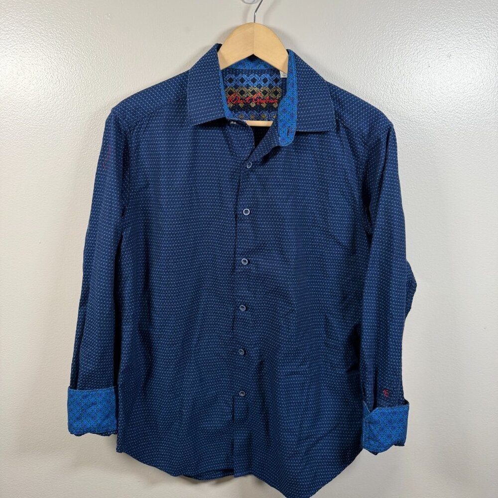 Robert Graham Button Up Shirt Size Medium Blue Flip Cuff Classic Fit Work Career